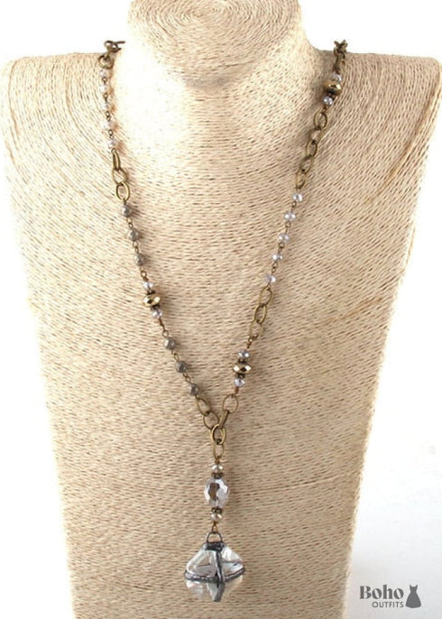 Boho Necklace, RH Antique Brass Silver Stone Glass